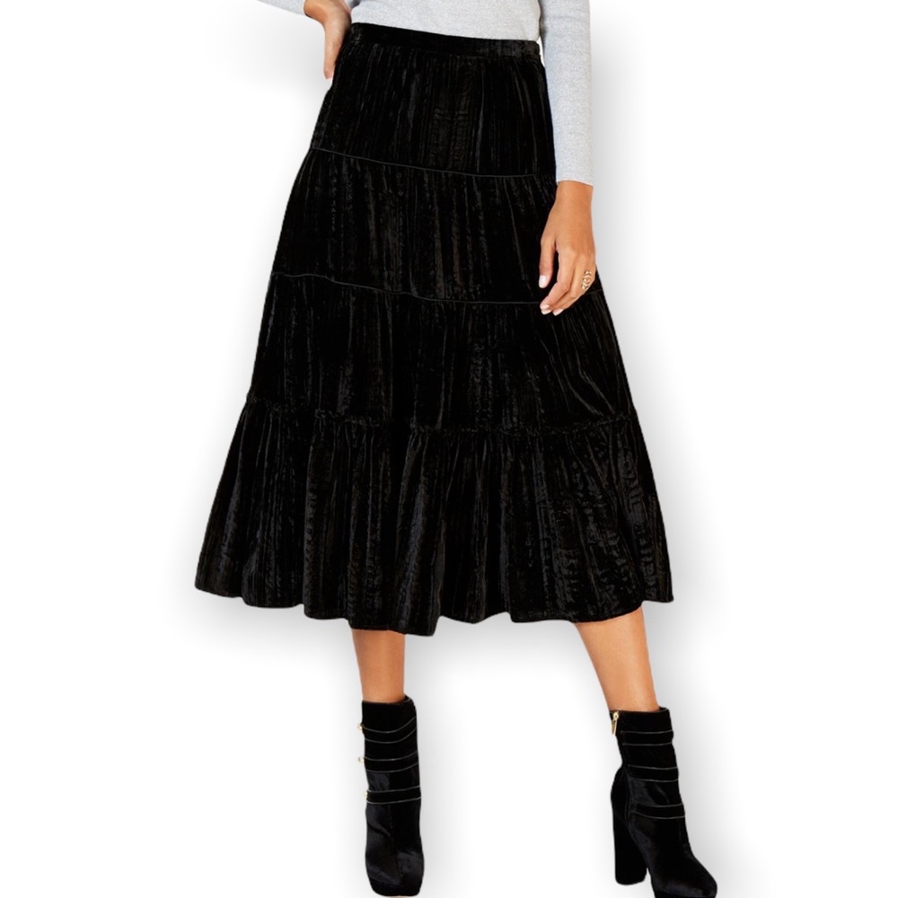 Lady Lord Women’s Plus Size 3X Black Velvet High Waist 4 Tier Round Midi Skirt